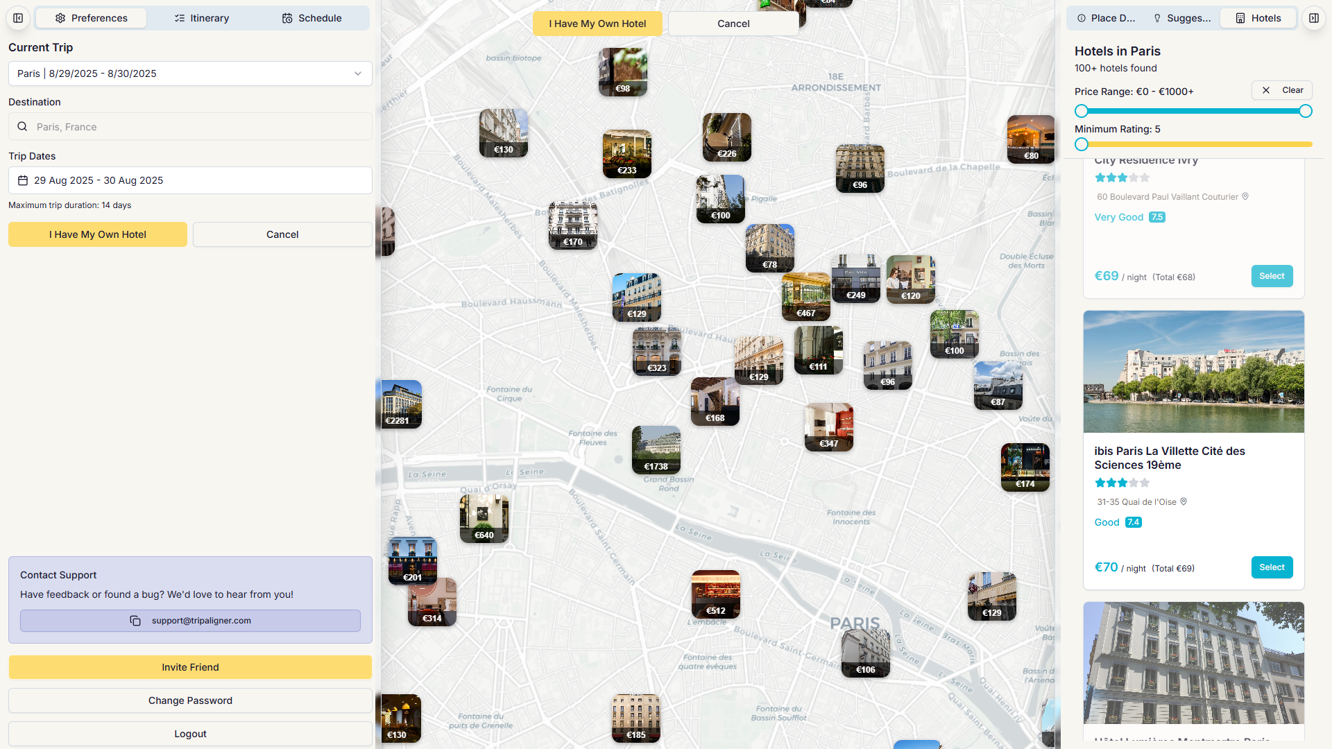 Starting Point Selection Interface - Interactive map showing hotel selection, destination pins, preference settings, and travel date picker with real-time availability